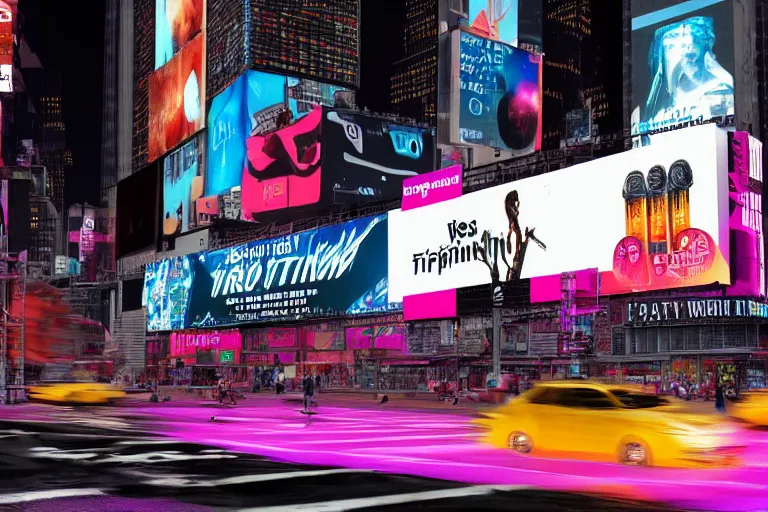 Image similar to a billboard on times square at night, screen show concert poster, band name is tripmachine, on the screen is a 3 d render of a huge futuristic steampunk generator, wet street, realistic digital art, 8 k, fluorescent colors, halluzinogenic, multicolored, exaggerated detailed, unreal engine, 8 0 mm