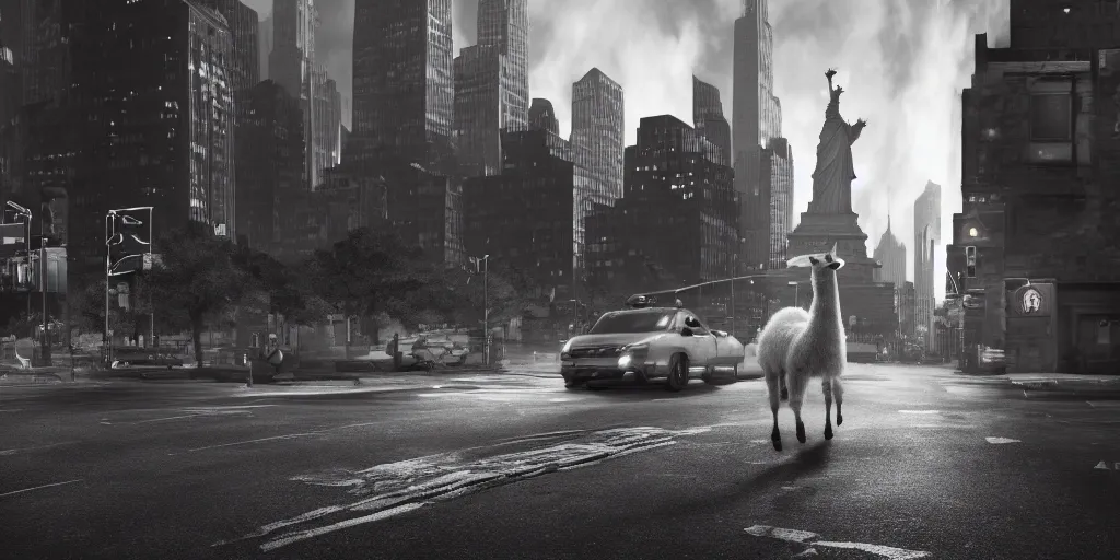 Image similar to a llama walking through a desolate manhattan city street at night, statue of liberty seen in the background, realistic 4 k octane beautifully detailed render, 4 k post - processing, highly detailed, detailed face, intricate complexity, epic composition, magical atmosphere, cinematic lighting, masterpiece, ultra hd