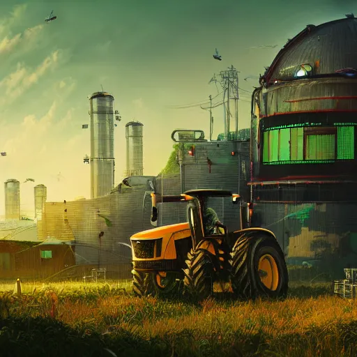 Prompt: fully detailed landscape of a cyberpunk farm , watertank, futuristic tractors, farmhouse, mushroom, overgrowth, Ai , Bots , drones , cinematic lightening, in the future, high quality, 8k , octane render, trending on artstation , greg rutowski