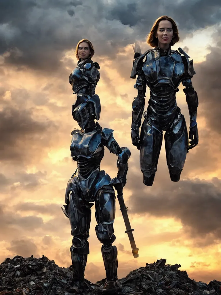 Prompt: emily blunt standing alone atop a pile of rubble, wearing futuristic power armor, holding a sword on her shoulder, sunset and huge cumulus clouds behind her