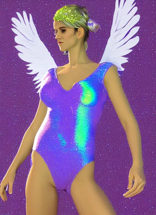 Image similar to 3 d render of a jester angel covered in glitter glue in a holographic leotard