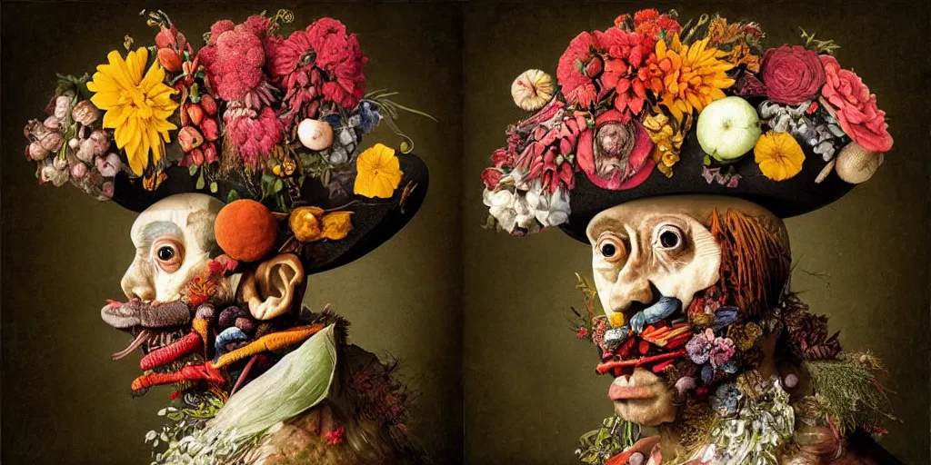 Prompt: an album cover of a man with a strange hat on his head by Arcimboldo, behance contest winner, award winning, masterpiece, pop surrealism, made of flowers, surrealist-H 1024