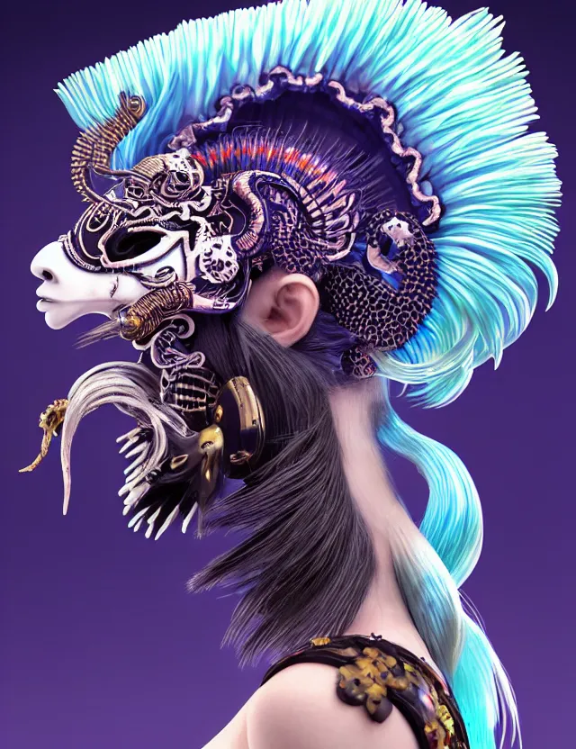 Image similar to 3 d goddess close - up profile simple portrait punk with mohawk with ram skull. beautiful intricately detailed japanese crow kitsune mask and clasical japanese kimono. betta fish, jellyfish phoenix, bio luminescent, plasma, ice, water, wind, creature, artwork by tooth wu and wlop and beeple and greg rutkowski