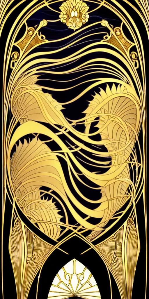 Prompt: the source of future growth dramatic, elaborate emotive Art Nouveau styles to emphasise beauty as a transcendental, seamless pattern, symmetrical, large motifs, hyper realistic, 8k image, 3D, supersharp, Art nouveau 3D curves and swirls, iridescent and black and shiny gold colors , perfect symmetry, iridescent, High Definition, sci-fi, Octane render in Maya and Houdini, light, shadows, reflections, photorealistic, masterpiece, smooth gradients, no blur, sharp focus, photorealistic, insanely detailed and intricate, cinematic lighting, Octane render, epic scene, 8K