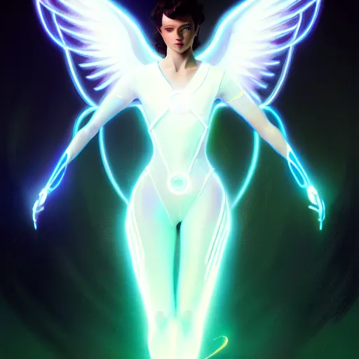Prompt: tron angel, diffuse lighting, hyper realistic, elegant, concept art, intricate, hyper detailed, smooth, sharp focus, illustration, trending on artstation, art by greg rutkowski and james gurney and alphonse mucha