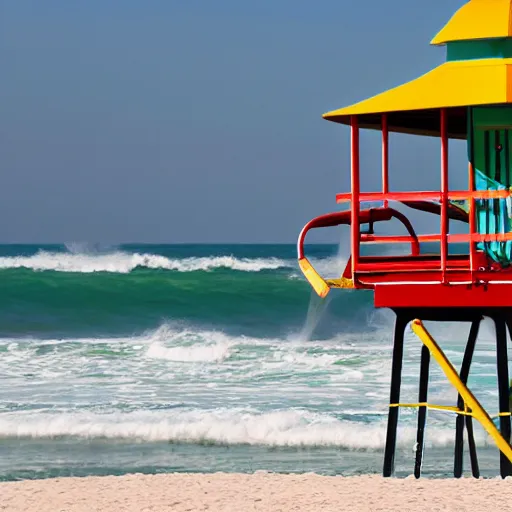 Prompt: a wave crashing into a lifeguard tower at the beach.