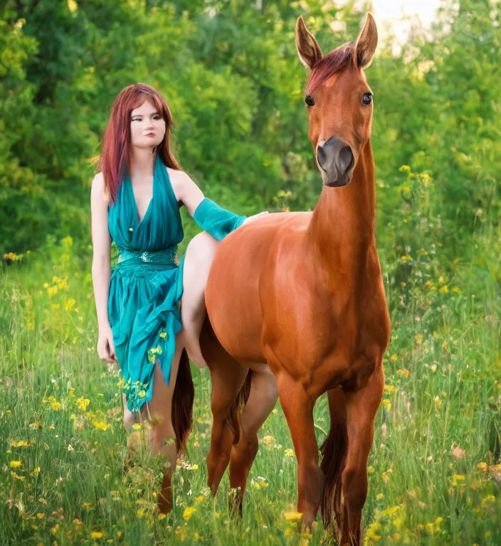 Image similar to an award winning photo of a beautiful elegant female centaur, 25mm f/1.7 ASPH Lens, vivid colors, high contrast, 8k resolution, intricate, photorealistic, smooth