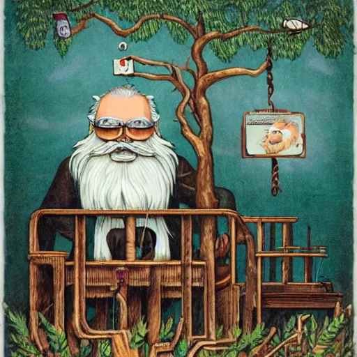 Image similar to old man white beard playing a synthesizer in a tree house, notes and clefs listening, lowbrow surrealistic, in the style of mark ryden,