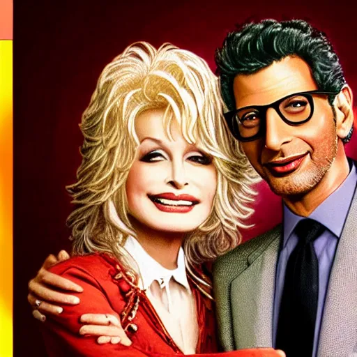 Image similar to romance novel book cover of jeff goldblum and dolly parton