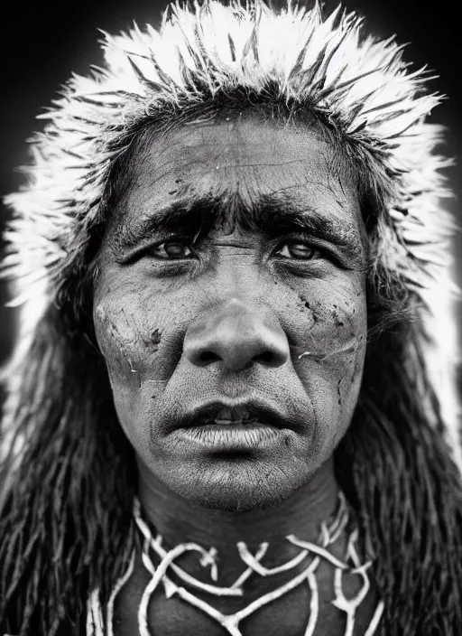 Image similar to Award winning Editorial photo of a Native Nauruans with incredible hair and beautiful hyper-detailed eyes wearing traditional garb by Lee Jeffries, 85mm ND 5, perfect lighting, gelatin silver process