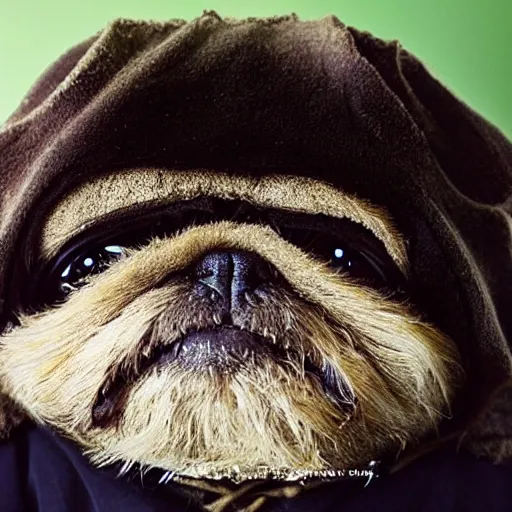 Prompt: an ewok that looks like a pug, national geographic photography