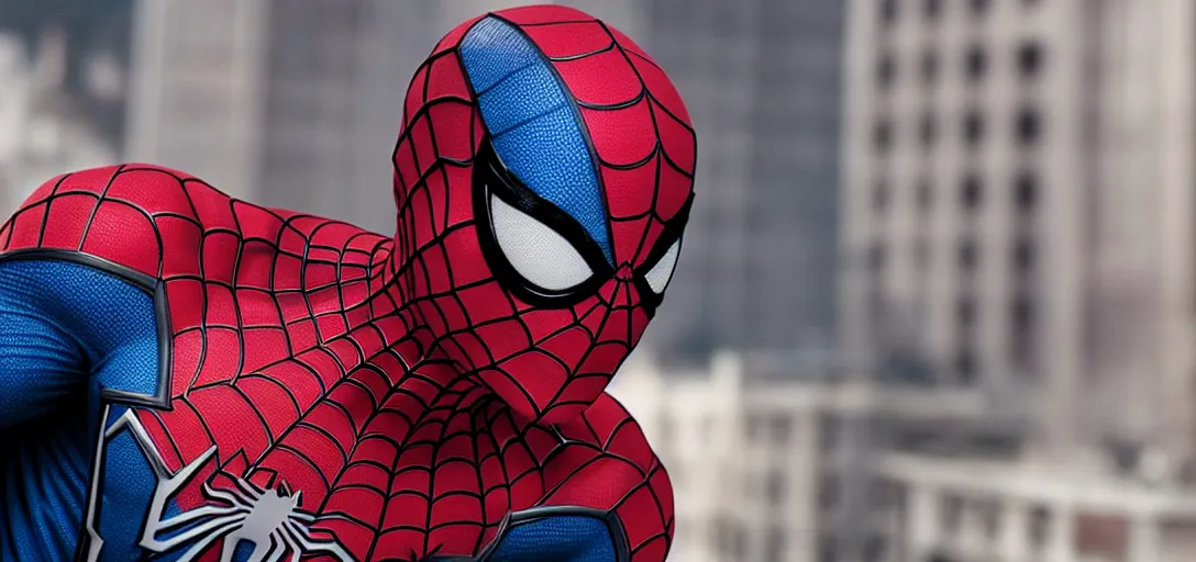 Image similar to Gigachad Spider-Man unmasked, film still, wide-shot, full shot, cinematic lens, heroic portrait