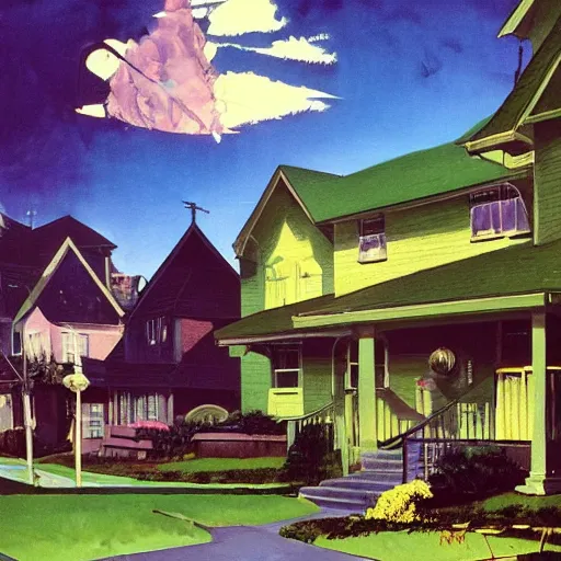 Image similar to a suburban neighborhood with deep green and purple glowing clouds. highly detailed science fiction painting by norman rockwell, frank frazetta, and syd mead. rich colors, high contrast, gloomy atmosphere, dark background. trending on artstation.