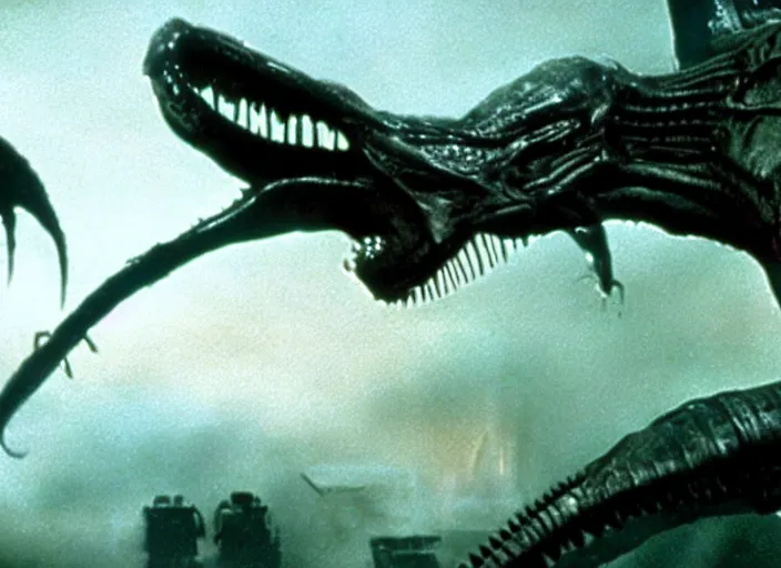Prompt: Xenomorph in a still from the movie Jurassic Park (1990), high quality