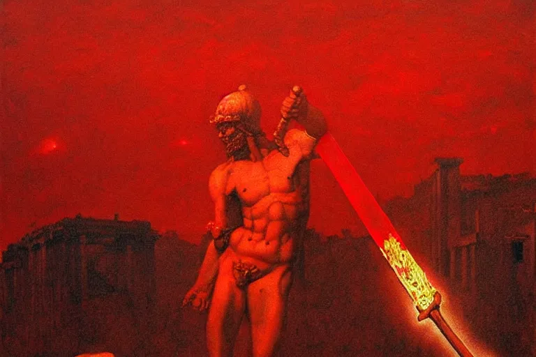 Image similar to only with red, a red melted apollo with a laurel wreath and a flaming sword announce the win, athens in the background, in the style of beksinski, part by hopper, part by rodcenko, part by hofbauer, intricate composition, red by caravaggio, insanely quality, highly detailed, masterpiece, red light, artstation