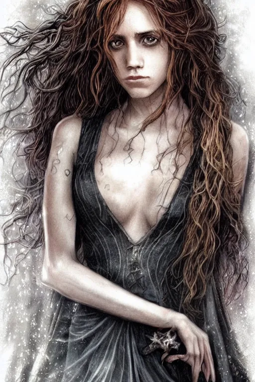 Image similar to dressed Hermione Granger in tattoos, by luis royo, beautiful gown, beautiful eyes, Beautiful face, by Aggi Erguna, high detail, high resolution