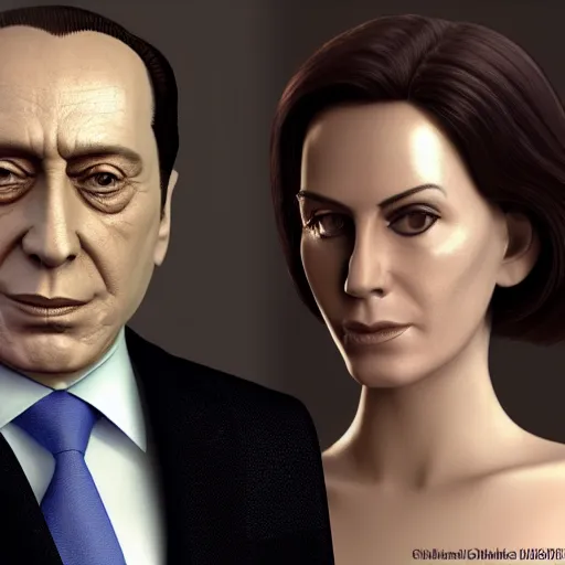 Image similar to Silvio Berlusconi and Giorgia Meloni uncanny valley 3d render