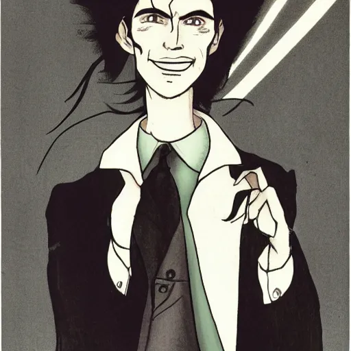 Image similar to A photgraphic portrait of the character, Desire, a tall, smiling androgyne with black hair and a grey pinstripe suit, studio lighting, medium shot, Life Magazine, 1978, Vertigo Comics, The Sandman written by Neil Gaiman, against a stormy sky