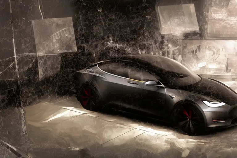 Image similar to a 2 8 mm closeup photo of a tesla car in a photo studio, hyper detailed, smooth, high contrast, volumetric lighting, octane, craig mullins, cinematic