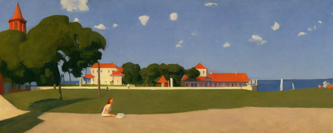 Prompt: an edward hopper style painting of ( ( ( ( ( ( ( ( balatonfured, a resort town in veszprem county, in hungary ) ) ) ) ) ) ) ), summer, july of 1 9 4 8