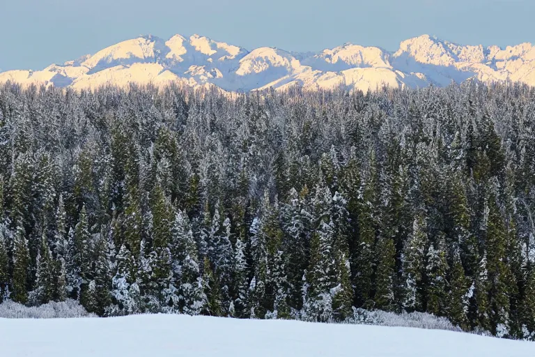 Image similar to long distance photo of snowy shrek range rising from swampy plains