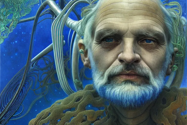 Prompt: realistic extremely detailed portrait closeup painting of an old man, futuristic sci-fi landscape on background by Jean Delville, Amano, Yves Tanguy, Alphonse Mucha, Ernst Haeckel, Edward Robert Hughes, Roger Dean, rich moody colours, silver hair and beard, blue eyes