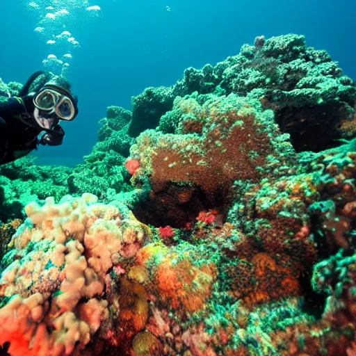 Prompt: a diver in a coral reef, dslr, high definition