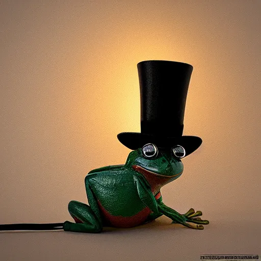 Image similar to “ frog wearing top hat sitting in front of a lamp, realistic, whimsical, volumetric lighting, 3 d ”