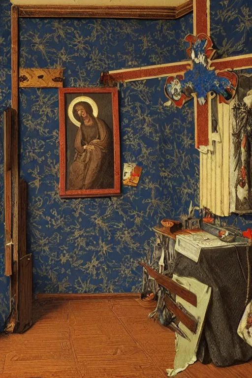 Prompt: male artist's messy, cluttered bedroom with dark black cornflower floral wallpaper pattern and a large christian cross hanging on the wall. items covering floor. catholic cross hanging on part blue wall. realistic, highly detailed, sharp focus, volumetric lighting, full shot, wide view, unreal engine, art by vittore carpaccio