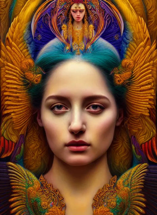 Image similar to portrait of the beautiful young goddess of birds, unusual beauty, etheric, outworldly colours, emotionally evoking symbolic metaphors, head in focus, fantasy, ornamental, intricate, elegant, highly detailed painting style photo, artstation, concept art, painterly, golden ratio, sharp focus, illustration, art by marco mazzoni and zdzisław beksinski,