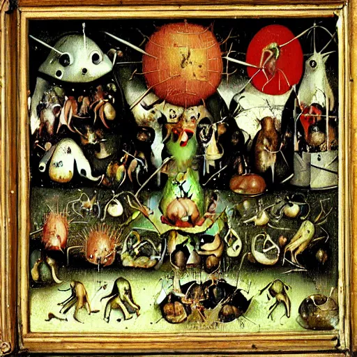 Prompt: a frog dunking over demons boiling a sinner in the garden of earthly delights, hieronymus bosch