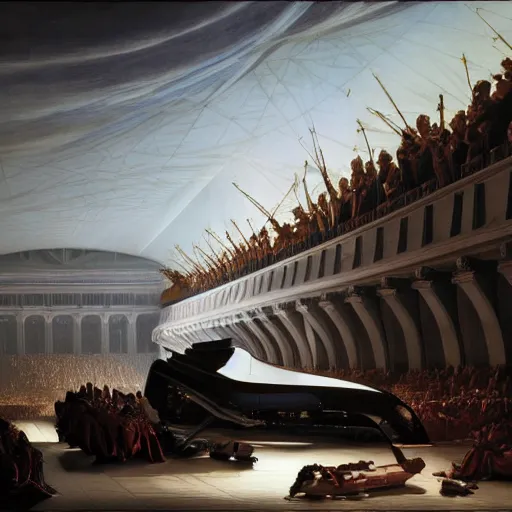 Image similar to full lenght sci-fi cars in the coronation of napoleon painting by Jacques-Louis David and point cloud in the middle and everything in form of zaha hadid architects artwork by caravaggio unreal engine 5 keyshot octane lighting ultra high detail ultra hyper realism 8k 16k in plastic dark tilt shift full-length view