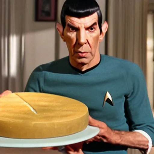 Prompt: spock eating a large wheel of cheese,