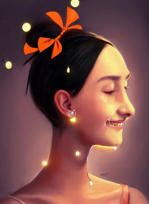 Image similar to portrait of high school girl, realistic, black hair, bangs, half updo hairstyle, pointy nose, skinny, smile, ugly, defined jawline, big chin, orange hair bow, earrings, intricate, elegant, glowing lights, highly detailed, digital painting, artstation, sharp focus, illustration, art by wlop, mars ravelo and greg rutkowski