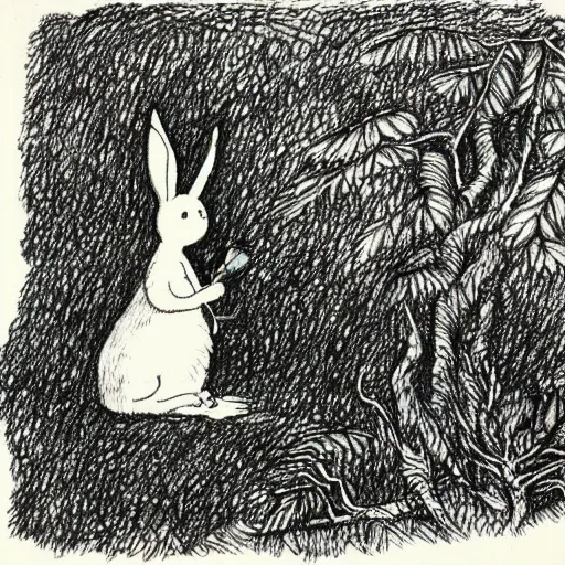 Image similar to drawing of a white bunny smoking a big cigarette in the deep tangled forest, by edward gorey, by gustav dore