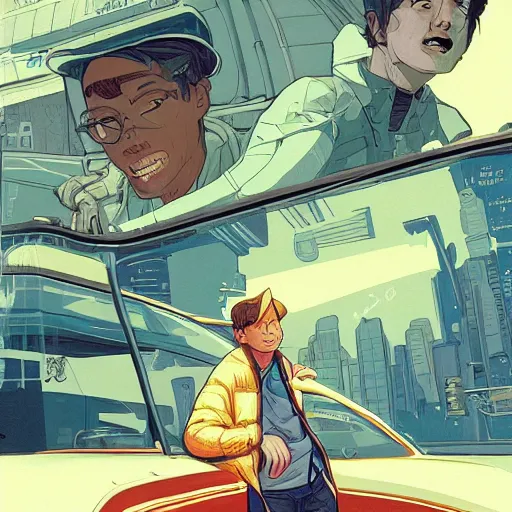 Prompt: a study of cell shaded picture of marty mcfly concept art, illustration, taxi cab, post grunge, concept art by josan gonzales and wlop, by james jean, Victo ngai, David Rubín, Mike Mignola, Laurie Greasley, highly detailed, sharp focus, alien, Trending on Artstation, HQ, deviantart, art by artgem