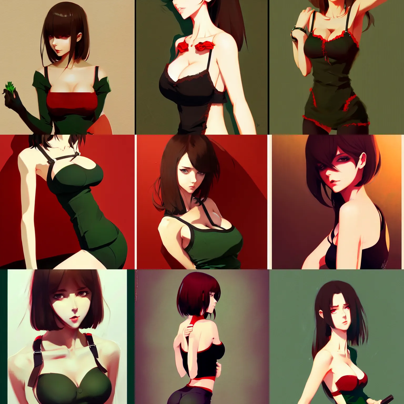 Prompt: gorgeous woman with brown hair and green eyes, wearing a camisole, perfect body red and black color palette, in the style of and ilya kuvshinov and greg rutkowski, high quality anime artstyle, intricate