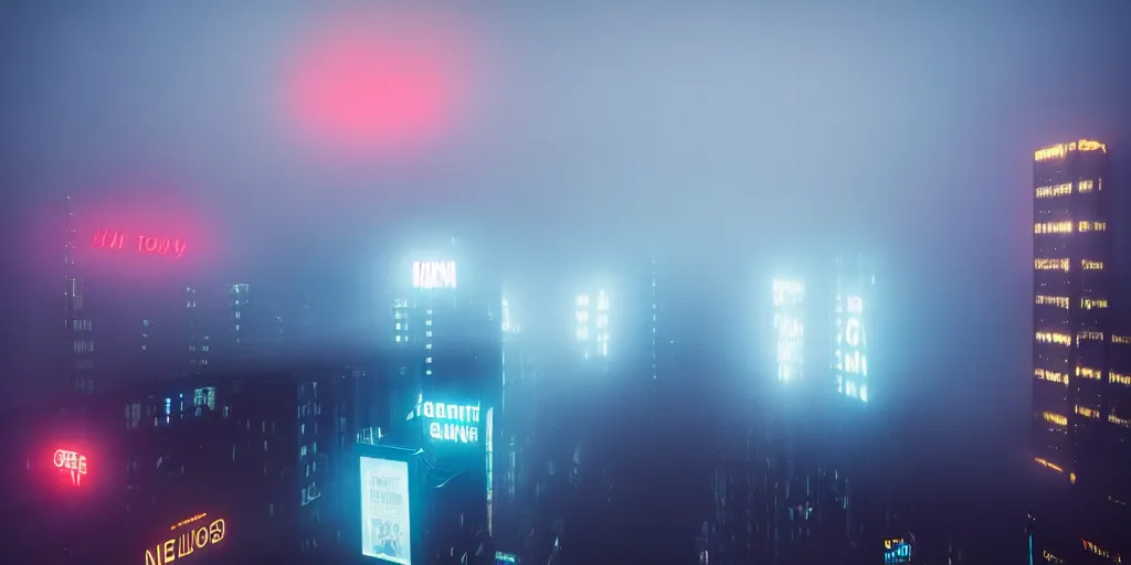 Image similar to giant illuminated advert screens, eerie fog, megacity streets seen from above, neon signs, blade runner, ex machina