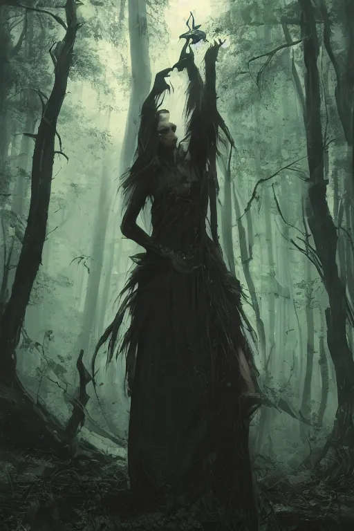 Image similar to a fancy illustrated portrait of a beautiful dark mage performing a ritual deep in a forest by Greg Rutkowski, Sung Choi, Mitchell Mohrhauser, Maciej Kuciara, Johnson Ting, Maxim Verehin, Peter Konig, final fantasy , mythical, 8k photorealistic, cinematic lighting, HD, high details, atmospheric,