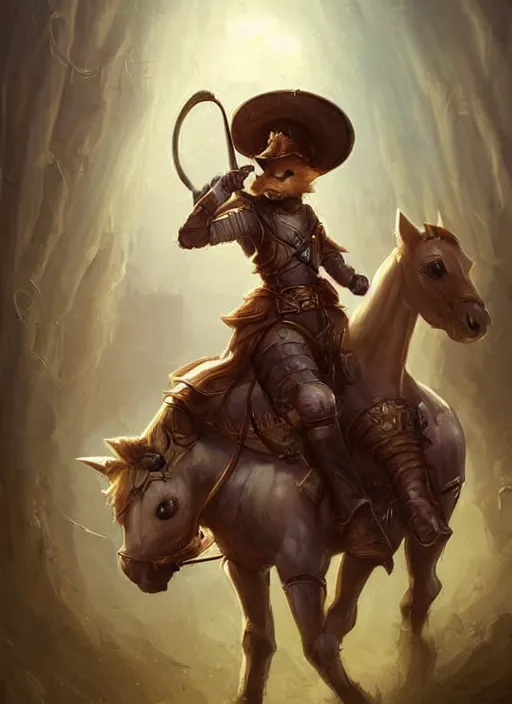 Image similar to cute little cat with wide - brimmed hat riding horse, tiny, small, miniature animal, baby animal, short, pale black armor, cute and adorable, pretty, beautiful, dnd character art portrait, matte fantasy painting, deviantart artstation, by jason felix by steve argyle by tyler jacobson by peter mohrbacher, cinematic lighting