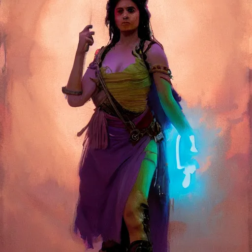 Image similar to an oil art portrait of young roma mage with purple neon magic in style of disco elysium character, paladin character design from d & d, art by anders zorn, wonderful masterpiece by greg rutkowski, beautiful cinematic light, american romanticism by greg manchess, jessica rossier