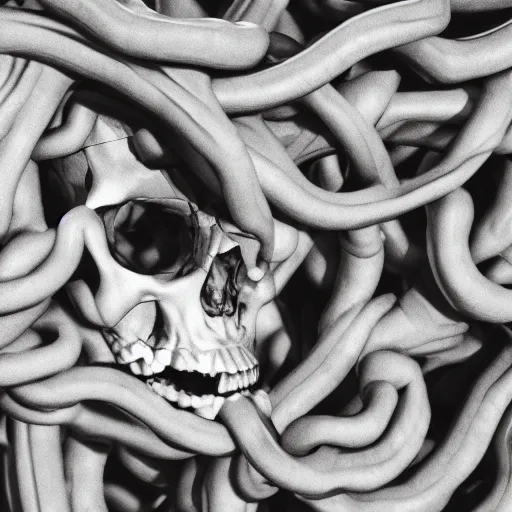 Prompt: extreme closeup photo of a Skulls shrouded in intestine vines, flies sitting on the skull, body horror, 3D render,subsurface scattering,global illumination,raytracing,studio lighting,optical lens flare fx,bokeh,cinematic,photorealistic,photography by Helmut Newton, Sigma 85mm f/1.4, 4K, UHD, HDR