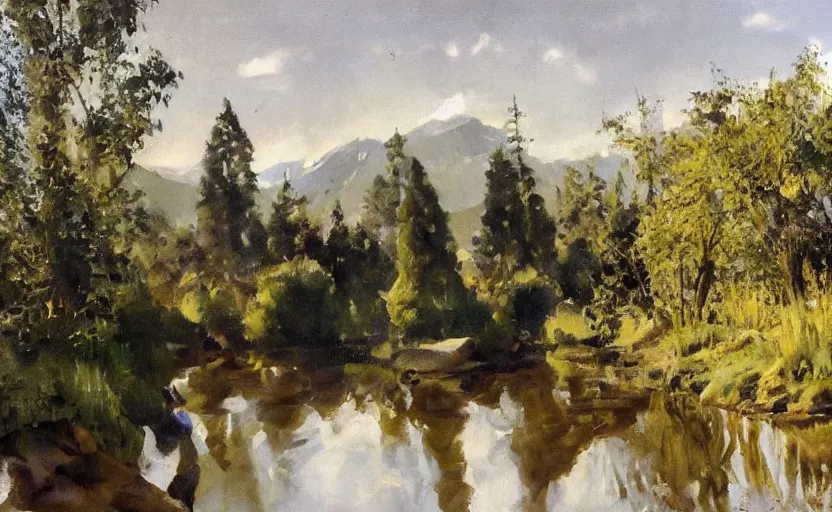 Image similar to oil painting lanscape by anders zorn, nature, fruit trees, very very very very beautiful art, dramatic light, water reflections, tall rocky mountains, police making arrests, detaining people, cop cars, sirens