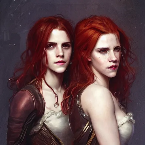 Prompt: a beautiful portrait of emma watson and scarlett johanson as a red haired vampire sorceresses, leather armor, d & d, fantasy, intricate, elegant, highly detailed, digital painting, artstation, concept art, matte, sharp focus, illustration, art by greg rutkowski and alphonse mucha