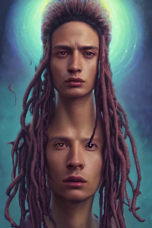 Image similar to portrait of an alien king with dreads snake hair, straight on portrait, by artgerm, tom bagshaw, gerald brom, vaporwave colors, lo fi colors, vaporwave, lo fi, 2 point studio lighting, dramatic lighting, 4 k, hd,