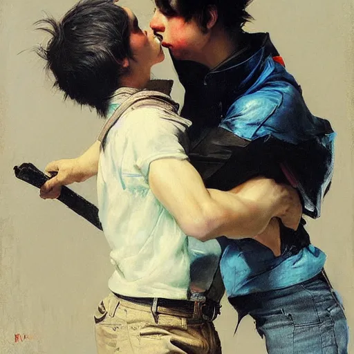 Image similar to twin brothers with black hair and blue eyes play fighting. Ruan Jia. Norman Rockwell . Karlkka