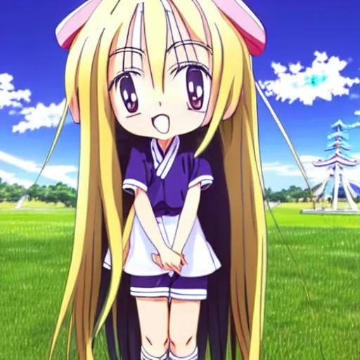Prompt: A cute young anime girl with long indigo hair, wearing a school soccer uniform, in a large grassy green field, there is a cat next to her, shining golden hour, she has detailed black and purple anime eyes, extremely detailed cute anime girl face, she is happy, child like, Japanese shrine in the background, Higurashi, black anime pupils in her eyes, Haruhi Suzumiya, Umineko, Lucky Star, K-On, Kyoto Animation, she is smiling and happy, tons of details, stretching her legs on the grass