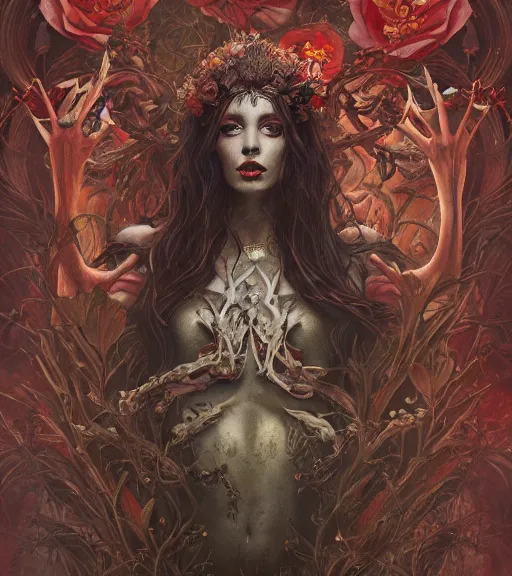 Image similar to portrait of the beautiful supreme queen of the blood cult, full body, surrounded by skulls and overgrowth and dark flowers by karol bak, James Jean, tom bagshaw, rococo, trending on artstation, cinematic lighting, hyper realism, octane render, 8k, hyper detailed.