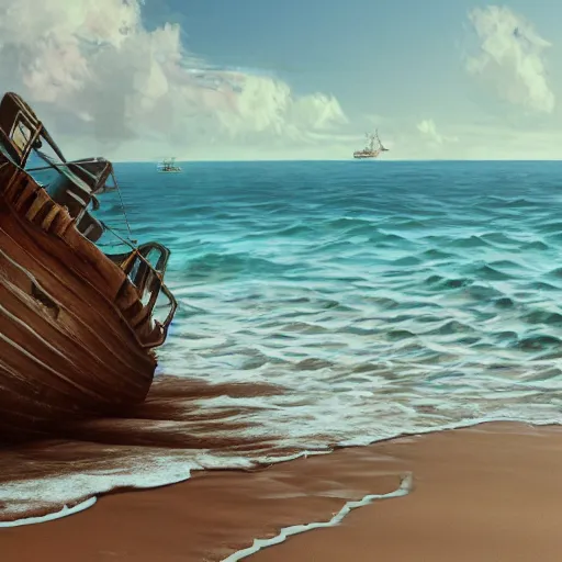 Image similar to shipwreck on a sandy beach on a sunny day? highly detailed, trending on artstation, award winning