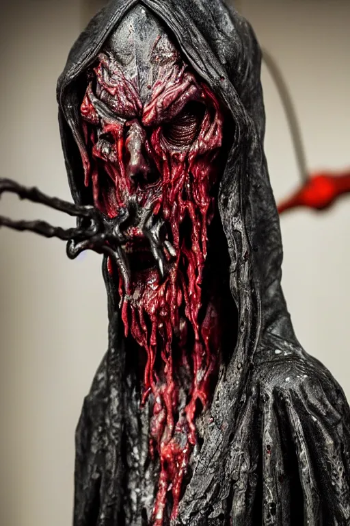 Image similar to photo taken of an epic intricate, ultra detailed, super realistic sculpture of a wet bloodied slimy nightmarish hellish demonic hooded grim reaper sculpture on display in a workshop, created by weta workshop, full body shots, photorealistic, sharp focus, f 0. 4, face centred, macro photography, golden ratio, golden hour